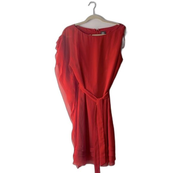 Vince Camuto Dresses & Skirts - Vince Camuto Red One-Shoulder Chiffon Dress Sz 14 Ruffle Tie Classy Date Night